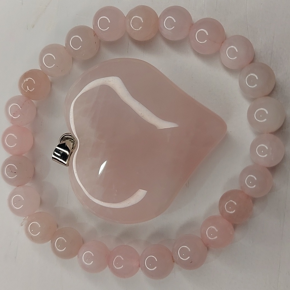 Rose Quartz stone Heart Pendant and Rose Quartz stone 8mm bead bundle #2